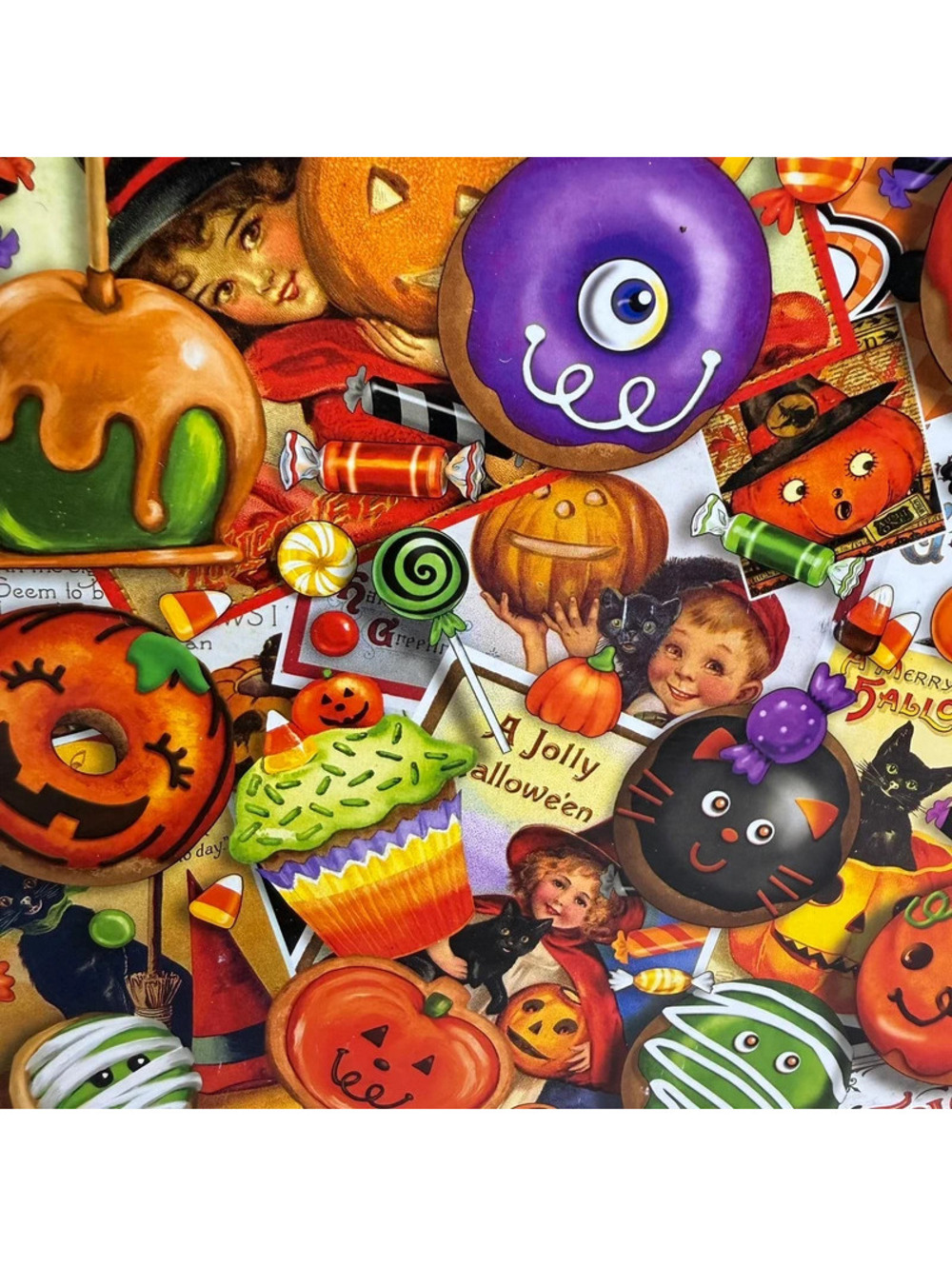 Vintage Halloween White Mountain Puzzle 1000 Pc Black Cat Witch Pumpkin Candy